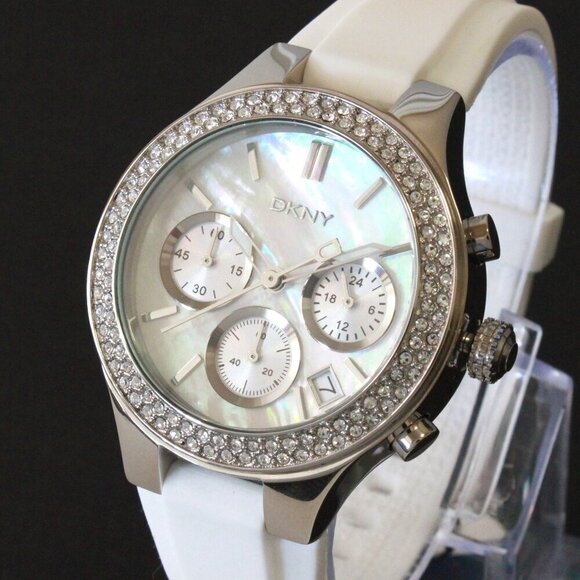 DNKY Women's Chronograph Crystal Bezel Mother Of Pearl Dial Silicone Strap 38mm - Picture 1 of 14
